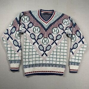 Vintage Crossings Sweater Mens Sm Tennis Racquets Preppy Grandpa V Neck Knit USA
